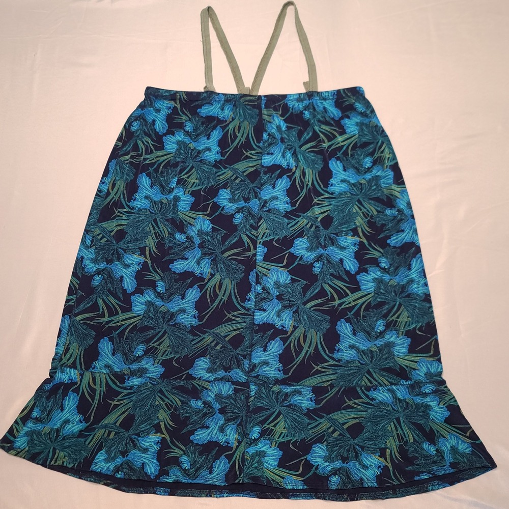 Citiknits Floral Midi Dress Womens L Blue Green Tropical Ruffle Hem Y2K Sundress